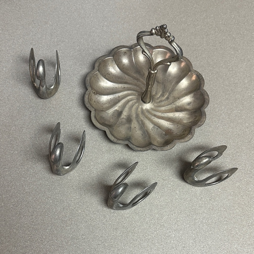 Vintage Silver Metal Napkin Rings Set of 4 and silver plated snack tray